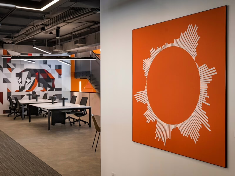Office hallway with front artwork and full-wall badger graphic