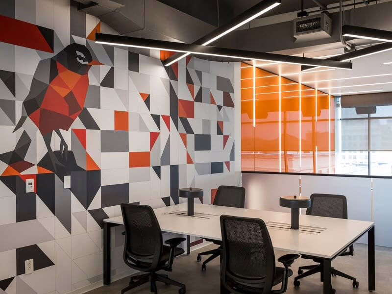 Large robin mural inside Fiserv HQ office