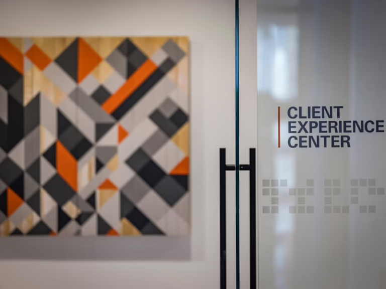 Entrance lobby with bold graphic on back wall