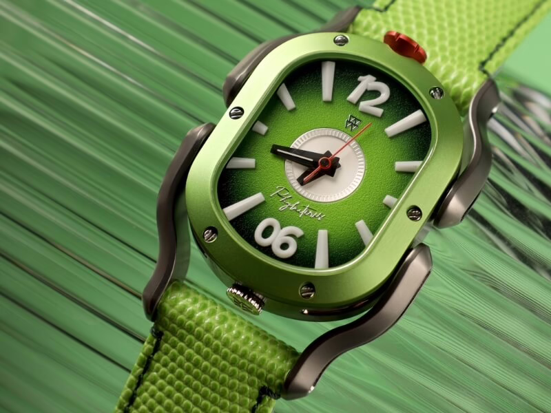 Green W24 watch on matching green background