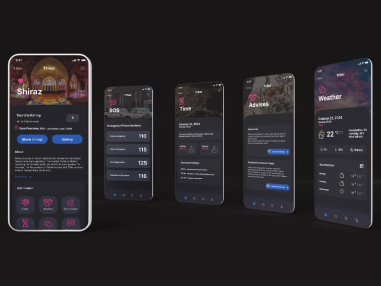 Five Tribal mobile screens on patterned background