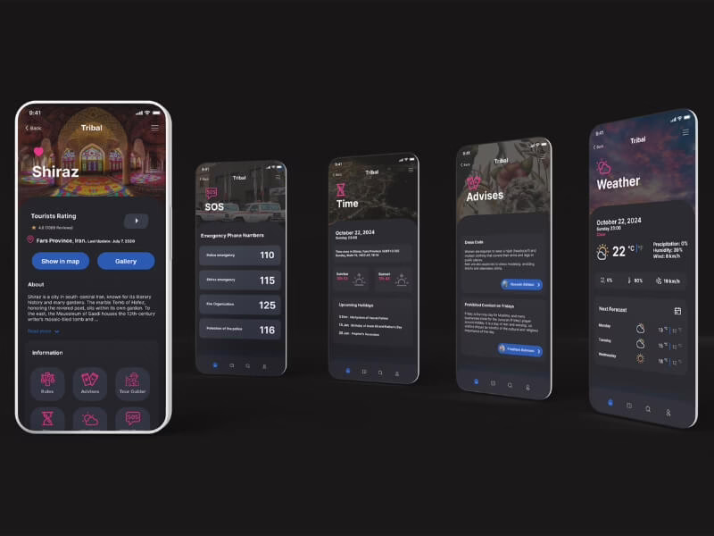 Five Tribal mobile screens on patterned background