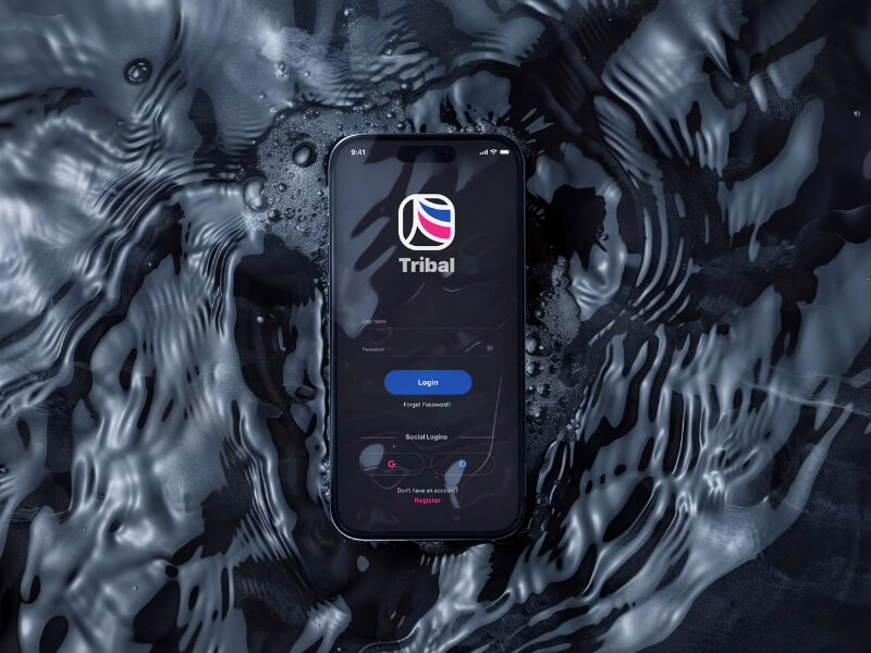 Tribal login screen over water landscape