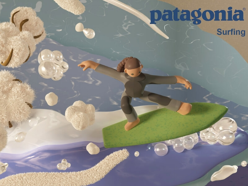3D storyboard frame for Patagonia surfing, athlete riding a green surfboard among textured waves